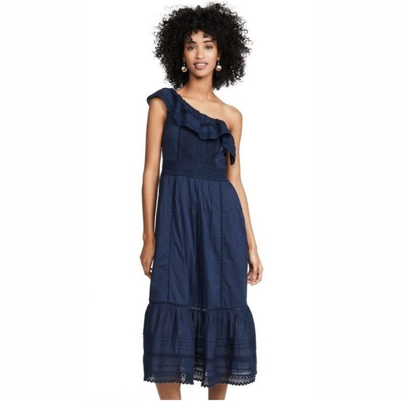 NWT Velvet By Graham Scott Blue One Shoulder Midi Dress - Picture 5 of 13